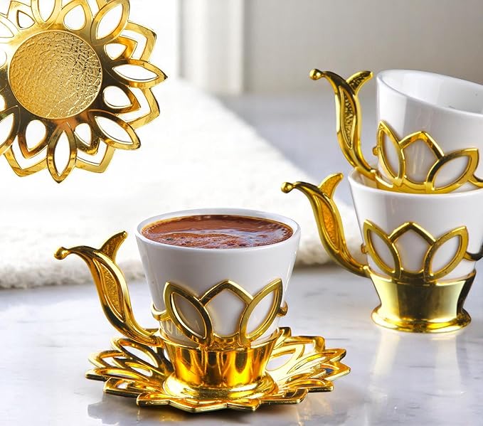 Alisveristime (Set of 6 Turkish Coffee Set with Porcelain Cups, Zamac Holders & Saucers – 80ml Capacity, Ottoman Motif, 4 Color Options (Gold)