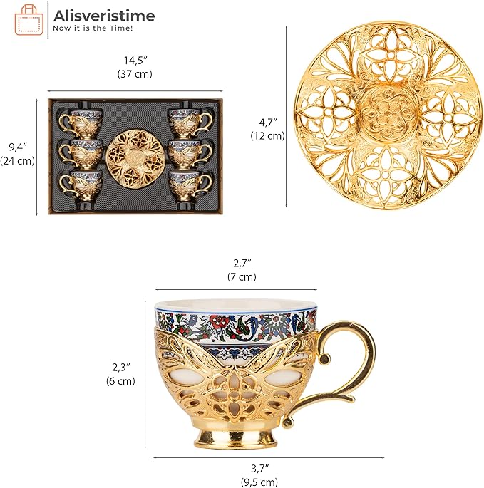 Alisveristime Turkish Coffee Set for Six, 6 Topkapi Design Porcelain Cups with Zamac Holders and Saucers, Two Color Variations: Gold and Silver (Topkapi-Design) (Gold)
