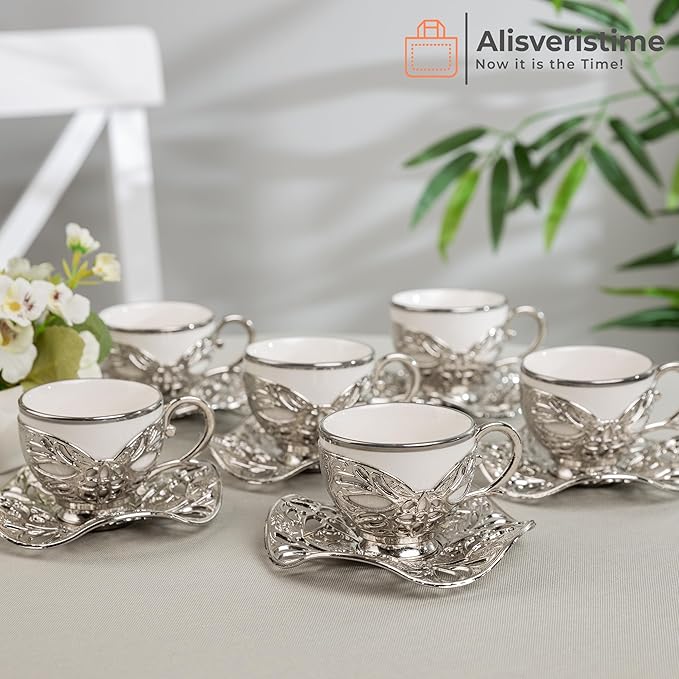 Alisveristime Turkish Coffee Set for Six, 6 White Porcelain Cups with Gilded, Zamac Holders and Saucers, Two Color Variations: Gold and Silver (Gilded-Design) (Silver)