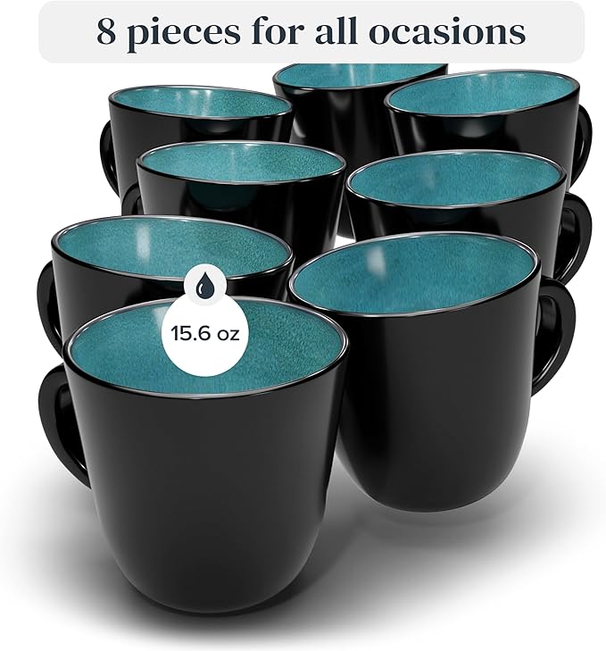 Stoneware coffee mugs set 8 pcs – 14.5 oz petrol blue ceramic coffee cups – Dishwasher and microwave safe – Stylish coffee cup set – Dinner service Pure Living Interior Design