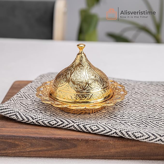 Alisveristime Turkish Coffee Set for Two - Authentic Ottoman Style Cups, Saucers, and Serving Tray with Lale Motifs (Acur) (Gold)