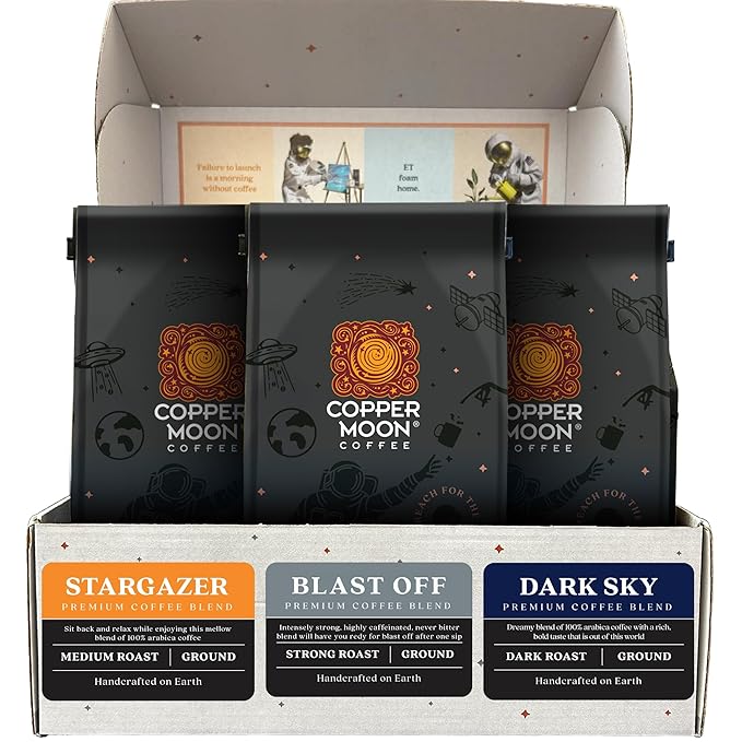 Copper Moon Coffee Gift Box, Ground Coffee Variety Pack, Medium Roast, Dark Roast and Strong Roast blends, 12 oz. bags.