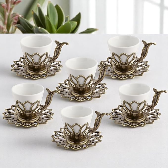 Alisveristime (Set of 6 Turkish Coffee Set with Porcelain Cups, Zamac Holders & Saucers – 80ml Capacity, Ottoman Motif, 4 Color Options (Antique Green)
