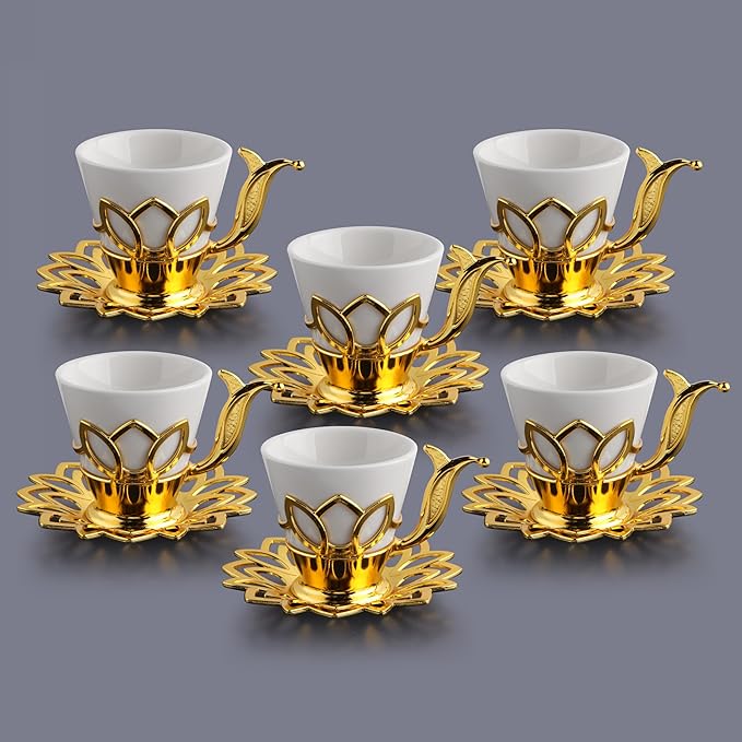 Alisveristime (Set of 6 Turkish Coffee Set with Porcelain Cups, Zamac Holders & Saucers – 80ml Capacity, Ottoman Motif, 4 Color Options (Gold)
