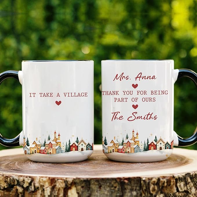 Personalized It Takes a Village Thank You Mug – Custom Coffee Cup with Name – Appreciation Gift for Teacher, Nanny, Mentor, or Friend – Unique Retirement or Holiday Present