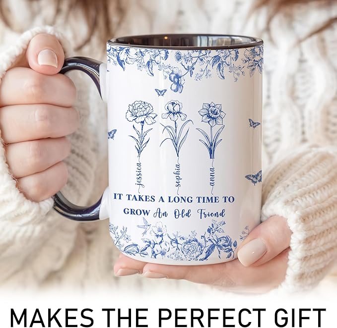 Personalized Best Friend Mug – Custom Name Floral Design, Birthday, Anniversary, Going Away Gifts for Best Friends, Chinoiserie Toile de Jouy Ceramic Mug