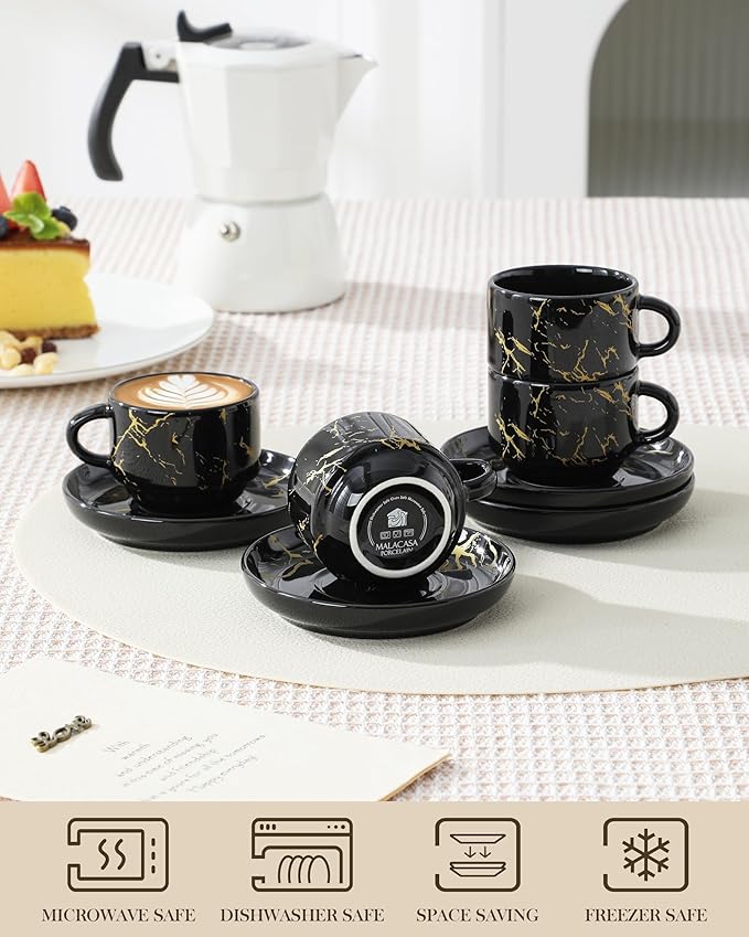 MALACASA 2.5 OZ Porcelain Espresso Cups with Saucers and Metal Stand Set of 4, Stackable Cappuccino Cups, Marble Black Expresso Shots Cup Set for Coffee Drinks, Latte, Tea