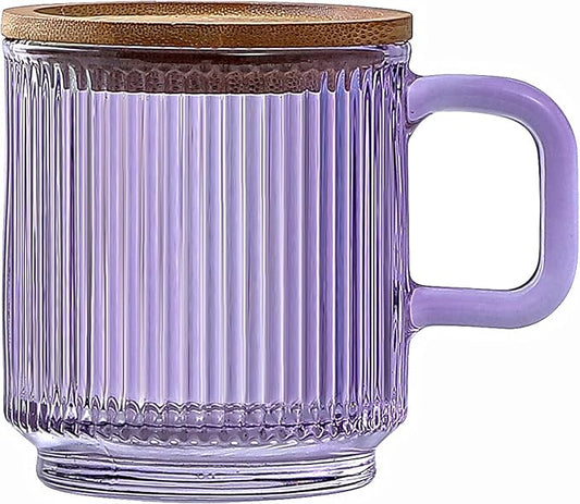 Lysenn Glass Coffee Mug with Lid - Premium Classical Vertical Stripes Glass Tea Cup - for Latte, Tea, Chocolate, Juice, Water - Lead-Free - Bamboo Lid - Amethyst Purple