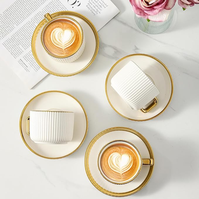 LETAOTAO Cappuccino Cups with Saucers, 8oz Ceramic Coffee Cups with Saucers Set, Latte Art Coffee Mugs with Gold Trim, Tea Cups Set of 4, British/Italian Coffee cups for Cafe Mocha, Double Espresso