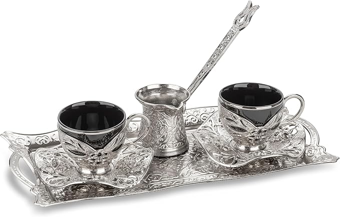Alisveristime Turkish Coffee Set for Two, 2 Black Gilded Porcelain Cups with Zamac Holders and Saucers, Metal Tray, Lale Motif Zamac Coffee Pot (Black Gilded) (Silver)