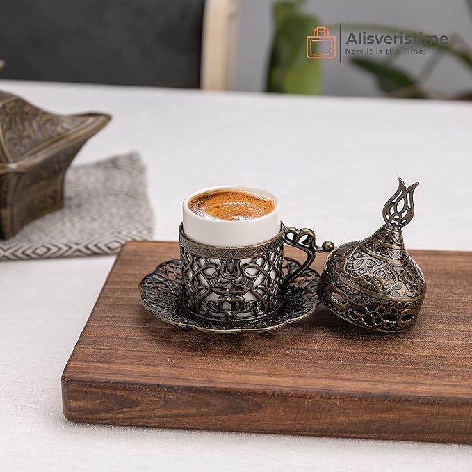 Alisveristime Turkish Coffee Set for Two - Authentic Ottoman Style Cups, Saucers, and Serving Tray with Lale Motifs (Acur) (Autentic Green)