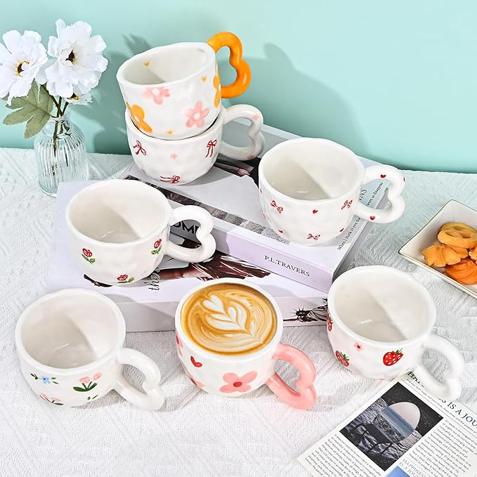 Koythin Ceramic Coffee Mug, Cute Creative Heart Handle Mug Design for Office and Home, Dishwasher and Microwave Safe, 10.5 oz/300 ml for Tea Latte Milk (Ribbon Bow)
