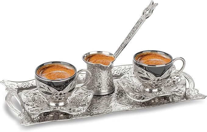 Alisveristime Turkish Coffee Set for Two, 2 Black Gilded Porcelain Cups with Zamac Holders and Saucers, Metal Tray, Lale Motif Zamac Coffee Pot (Black Gilded) (Silver)