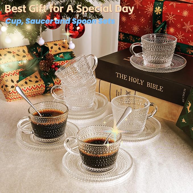 Glass Espresso Shot Cups with Saucers Set of 6, Clear Small Demitasse Cup with Stainless Steel Spoons, Dishwasher Safe Coffee Mugs for Tea Hot Chocolate Cappuccino, 5OZ/150ML, Raindrop