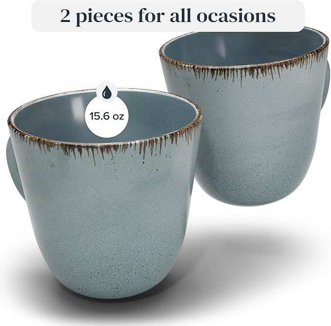 Stoneware coffee mugs set 2 pcs – 14.5 oz rustic blue ceramic coffee cups – Dishwasher and microwave safe – Stylish modern mug set – Dinner service Pure Living