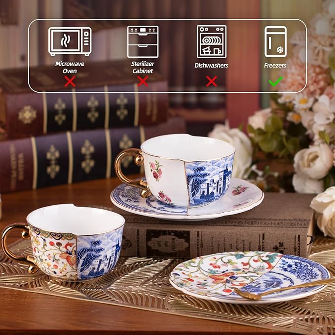 KAMMAK Tea Cups and Saucers Set of 2, Fine Bone China Coffee Cups, 8.5-Ounce Stackable Espresso Mugs, Ceramic Demitasse for Coffee, Cappuccino, Latte, Americano, Tea, Doozy + Rose