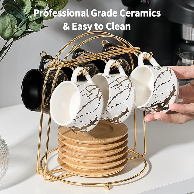 LUKA Ceramic Espresso Cups with Saucers and Metal Stand, Small 4 oz Porcelain Demitasse Cups Set of 6, Cute Cappuccino Coffee Cups for Double Espresso, Tea, Marbling White & Black