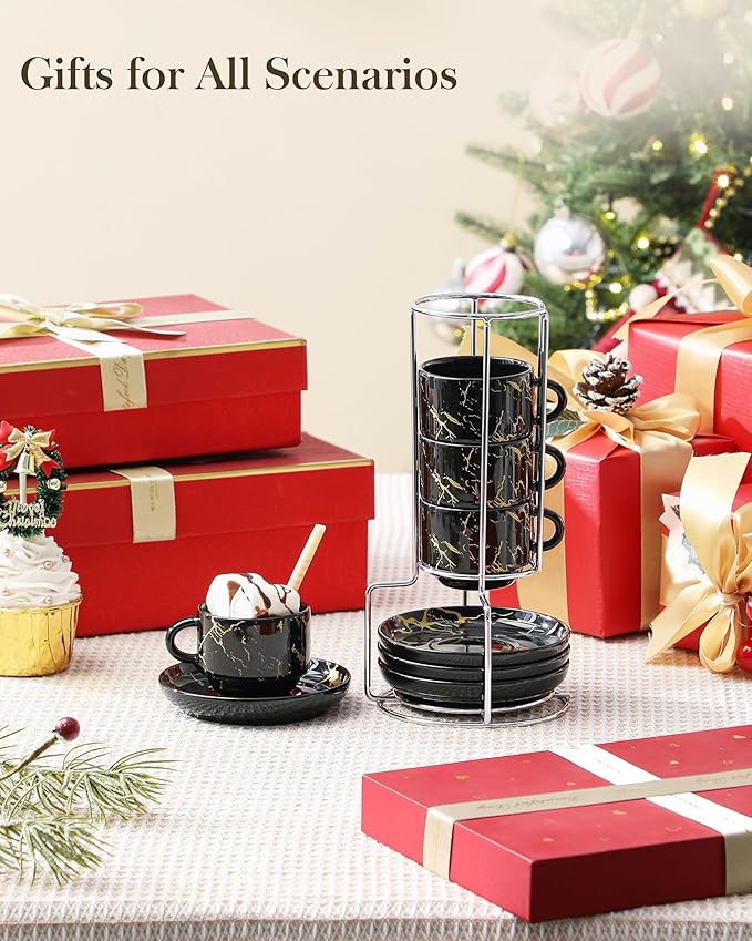 MALACASA 2.5 OZ Porcelain Espresso Cups with Saucers and Metal Stand Set of 4, Stackable Cappuccino Cups, Marble Black Expresso Shots Cup Set for Coffee Drinks, Latte, Tea