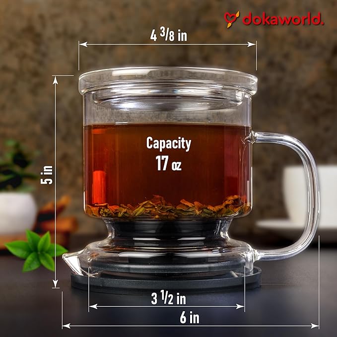 Glass Tea Infuser – Loose Leaf Brewer Cup with Lid – Premium Glass Steeper for Loose Leaf with Coaster | Easy Brew & Clean, BPA-Free, Innovation Smart Tea Maker for Daily Brewing | 17oz
