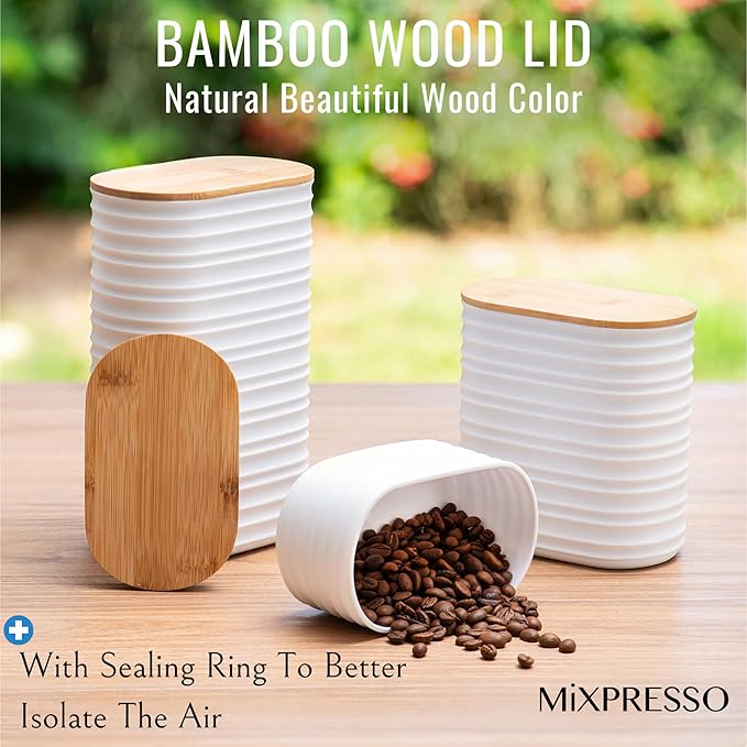 Mixpresso White Canisters Sets for the Kitchen – 3-Piece Airtight Plastic Sugar Container Set with Bamboo Lids in Three Different Sizes – Decorative Modern Storage Jars for Coffee, Tea & Countertops