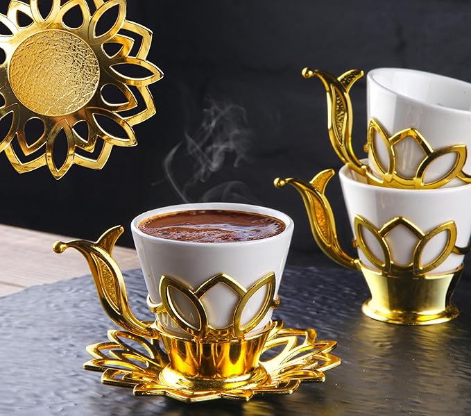 Alisveristime (Set of 6 Turkish Coffee Set with Porcelain Cups, Zamac Holders & Saucers – 80ml Capacity, Ottoman Motif, 4 Color Options (Gold)