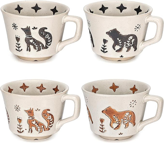 Ceramic Coffee Mug, 12 oz Novelty Unique Teacup with Handle, Stoneware Cup for Tea Mocha Latte Cappuccino Espresso (Set of 4, Fox and Bear)