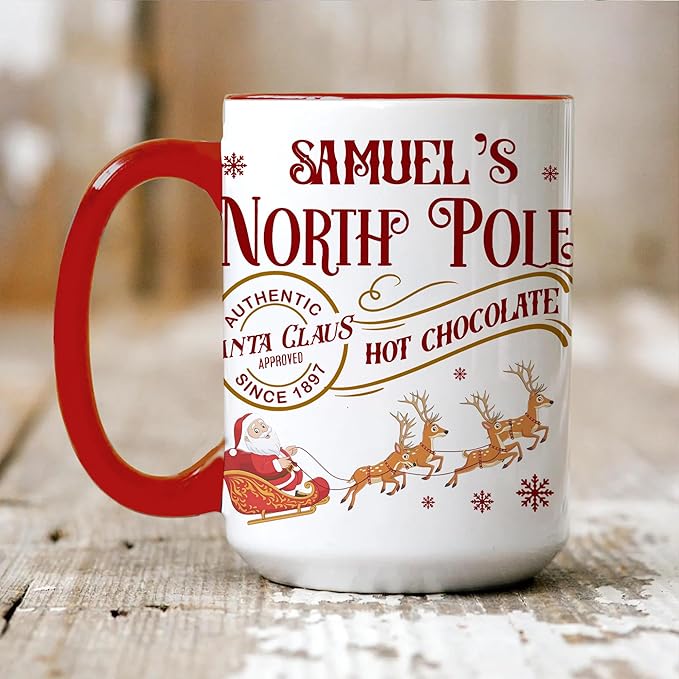 Personalized Funny Christmas Hot Cocoa Mug – Santa Gift, Unique White Elephant Exchange Present – Custom North Pole Hot Chocolate Ceramic Coffee Cup for Friends, Family, and Holiday Parties