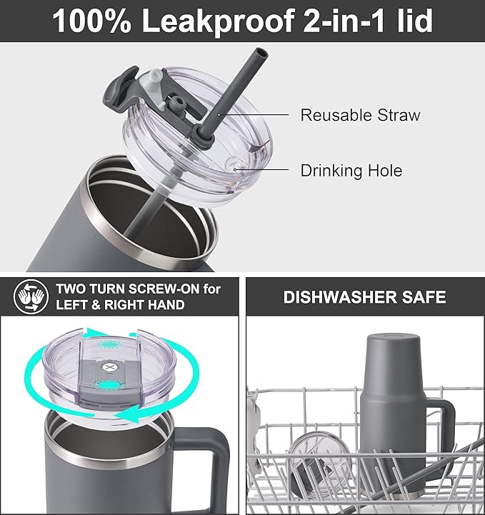 SUNWILL Travel Coffee Mug with Lid, 30 oz Tumbler with Handle and Straw Leak Proof, Stainless Steel Cup Insulated for Office & Camping, Cupholder Friendly, Powder Coated Charcoal