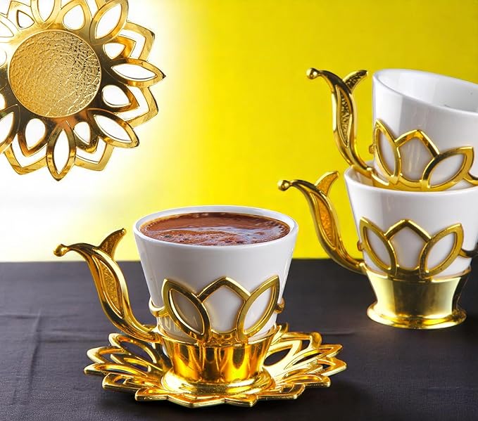 Alisveristime (Set of 6 Turkish Coffee Set with Porcelain Cups, Zamac Holders & Saucers – 80ml Capacity, Ottoman Motif, 4 Color Options (Gold)