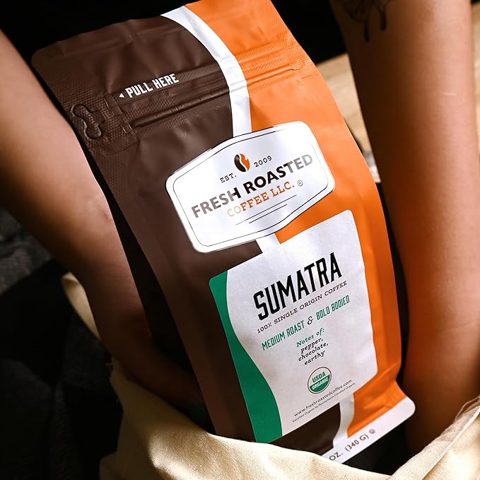 Fresh Roasted Coffee, Organic Sumatra | 100% Single Origin, USDA Organic, Kosher | Medium Roast 12 oz Whole Bean