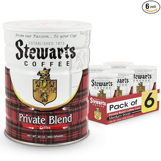 Stewarts Private Blend Medium Roast Ground Coffee - Classic Rich, Smooth & Full-Bodied Flavor Gourmet Coffee Grounds - Great for Hot, Cold Brew, Morning Breakfast, Cafe & More (23oz, Pack of 6 Cans)