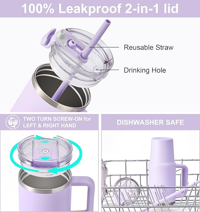 SUNWILL Coffee Tumbler with Handle, 30 oz Travel Mug with Lid and Straw Insulated, Stainless Steel Cup Leak Proof for Travel & Outdoor, Cupholder Friendly, Powder Coated Orchid