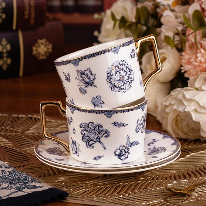 KAMMAK Tea Cups and Saucers Set of 2, Fine Bone China Coffee Cups, 8.5-Ounce Stackable Espresso Mugs, Ceramic Demitasse for Coffee, Cappuccino, Latte, Americano, Tea, English Navy