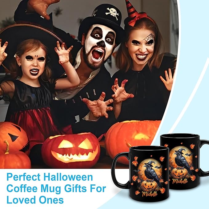 Hyturtle Personalized Halloween Raven Crow Mug - Raven Gift For Women Lover - Wild Animal Lover Gift For Her - Spooky Season Decor For Fall Season Halloween - Coffee Name Cup Ceramic Mug 11 oz 15 oz
