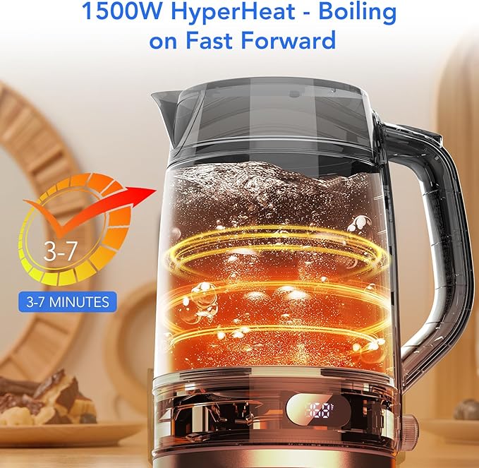 COWSAR Electric Kettle with Precise Temp Control (104-212℉) - Hot Water Kettle, 304 Food-Grade SS & Borosilicate Glass, Custom Keep-Warm, Ambient Light, Auto-Shutoff, Anti-Dry-Boil, 360° Cordless Base