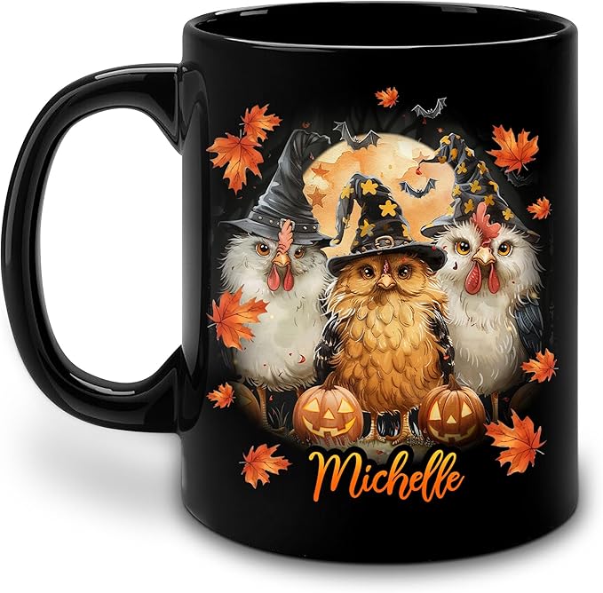 Hyturtle Personalized Halloween Chicken Mug - Chicken Gift For Women Lover - Farm Animal Lover Gift For Her - Spooky Season Decor For Fall Season Halloween - Coffee Name Cup Ceramic Mug 11 oz 15 oz