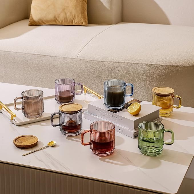 Lysenn Glass Coffee Mug with Lid - Premium Classical Vertical Stripes Glass Tea Cup - for Latte, Tea, Chocolate, Juice, Water - Lead-Free - Bamboo Lid - Amethyst Purple