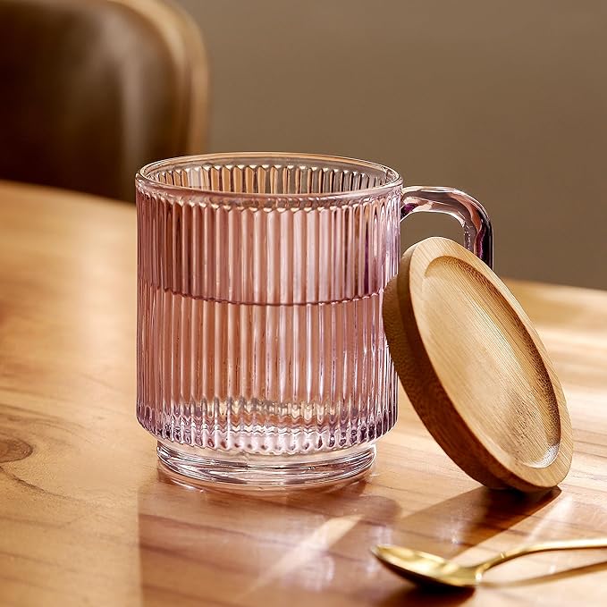 Lysenn Glass Coffee Mug with Lid - Premium Classical Vertical Stripes Glass Tea Cup - for Latte, Tea, Chocolate, Juice, Water - Lead-Free - Bamboo Lid - Amethyst Purple