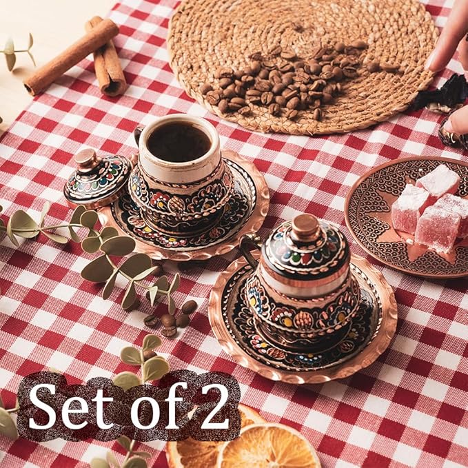 Copper Turkish Arabic Coffee Cup and Saucer Set of 2 Espresso Inner Porcelain Persian Ottoman Vintage Decor Lid Gift Serving Drinking Drinkware Drink Rustic Fancy Retro Small Mug Kitchen Accessories