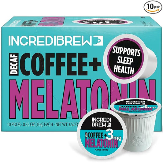 Incredibrew Decaf Coffee with 3mg Melatonin for Bedtime, Keto Friendly with No Sugar, Medium-Dark Roast, Recyclable Pods (10 Pods, Decaf, Melatonin)