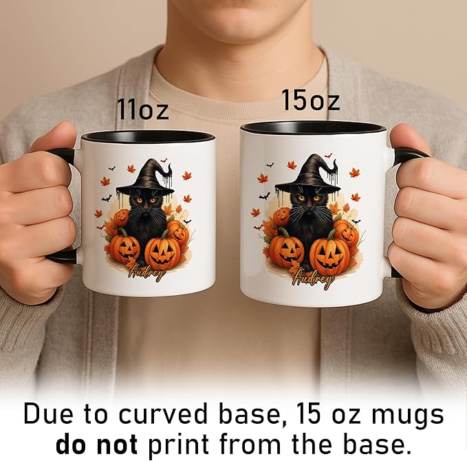 Personalized Halloween Black Cat Mug – Custom Name Coffee Cup with Witch Hat and Pumpkins – Spooky Fall Gift for Cat Lovers & Halloween Decor Fans