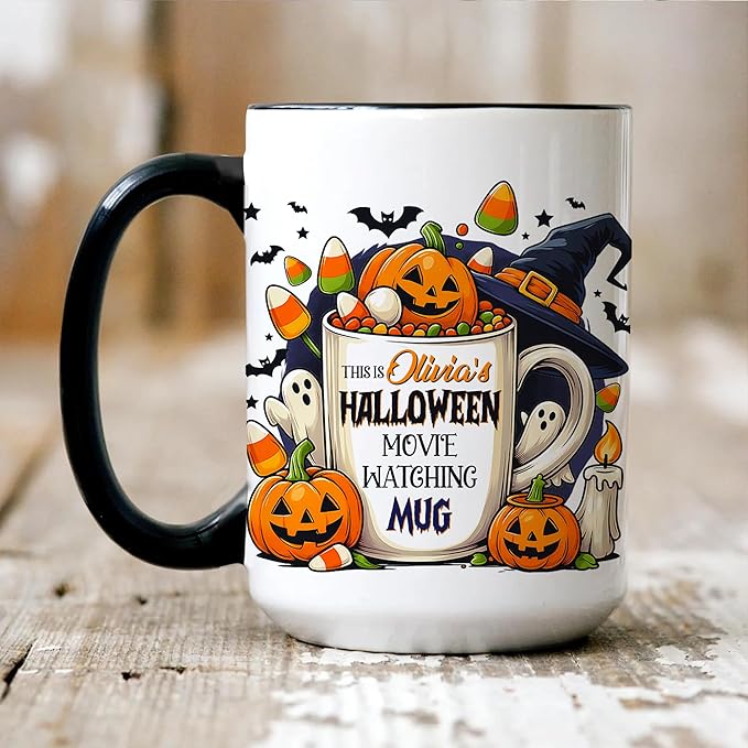 Personalized Halloween Movie Watching Mug – Custom Pumpkin Ghost Coffee Cup with Witch Hat and Candy Corn – Cute Fall Coffee Mug for Women, Spooky Bookish Gift for Readers & Halloween Lovers