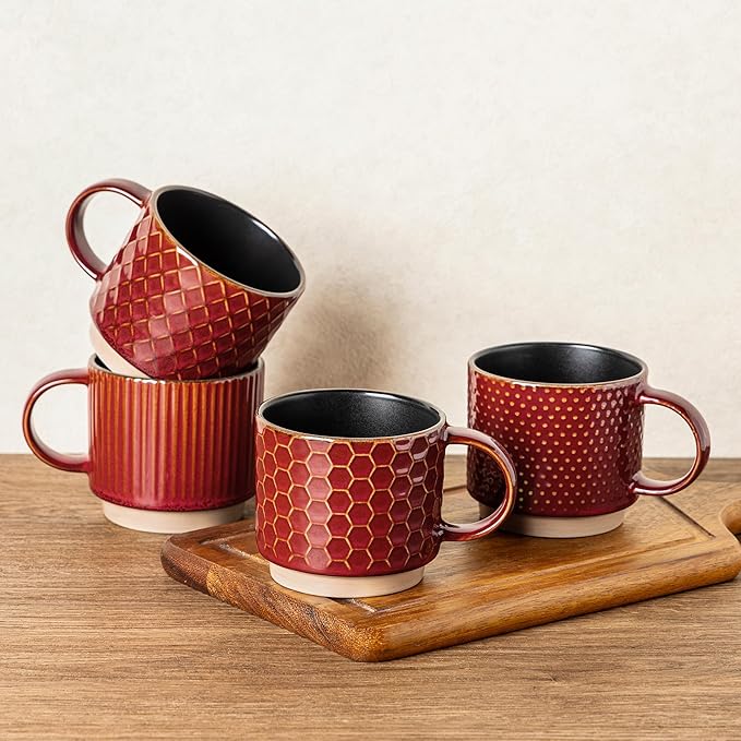GBHOME 15OZ Stackable Coffee Mugs, Ceramic Coffee Cups with Texture Patterns for Man,Woman,Dad,Mom, Modern Coffee Mugs Set of 4 for Latte/Cappuccino/Cocoa. Dishwasher&Microwave Safe, Red