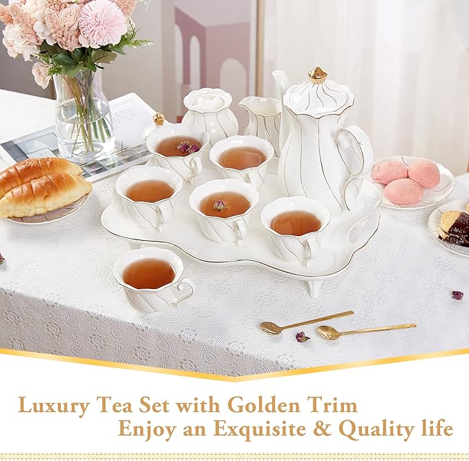 DUJUST 14 pcs Tea Set for 6 with Tea Tray & Spoons, Luxury British Style Coffee Cup Set with Golden Trim, Beautiful Porcelain Set for Living Room Decor, Tea Party Set, Gift Package - White