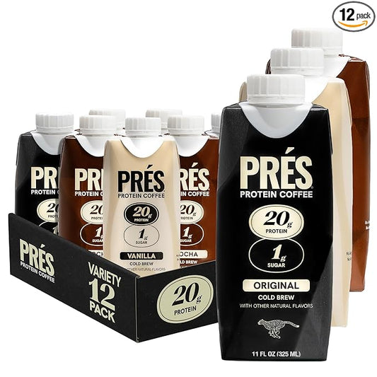 Protein Coffee - High Protein - Real Cold Brew - 20g Protein - 1g Sugar - 100 Calories - No Added Sugar - Coffee - Protein - 11 FL OZ - 12 Pack (Variety - Original, Mocha, Vanilla)