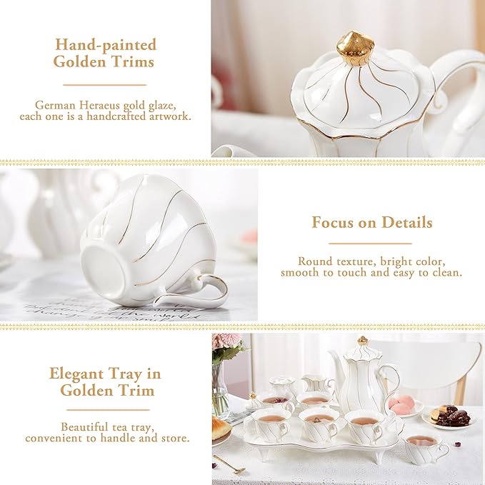DUJUST 14 pcs Tea Set for 6 with Tea Tray & Spoons, Luxury British Style Coffee Cup Set with Golden Trim, Beautiful Porcelain Set for Living Room Decor, Tea Party Set, Gift Package - White
