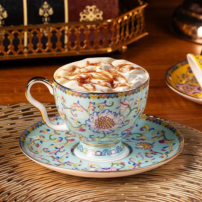 KAMMAK Tea Cups and Saucers Set of 2, Porcelain Coffee Cups with Saucer for Espresso, Cappuccino, 7.5oz Vintage Yellow and Blue Ceramic Demitasse Mug for Home, Tea Party, Office