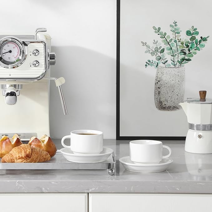 MALACASA 4 OZ Porcelain Espresso Cups with Saucers and Metal Stand Set of 4, Stackable Cappuccino Cups, White Expresso Shots Cup Set for Coffee Drinks, Latte, Tea