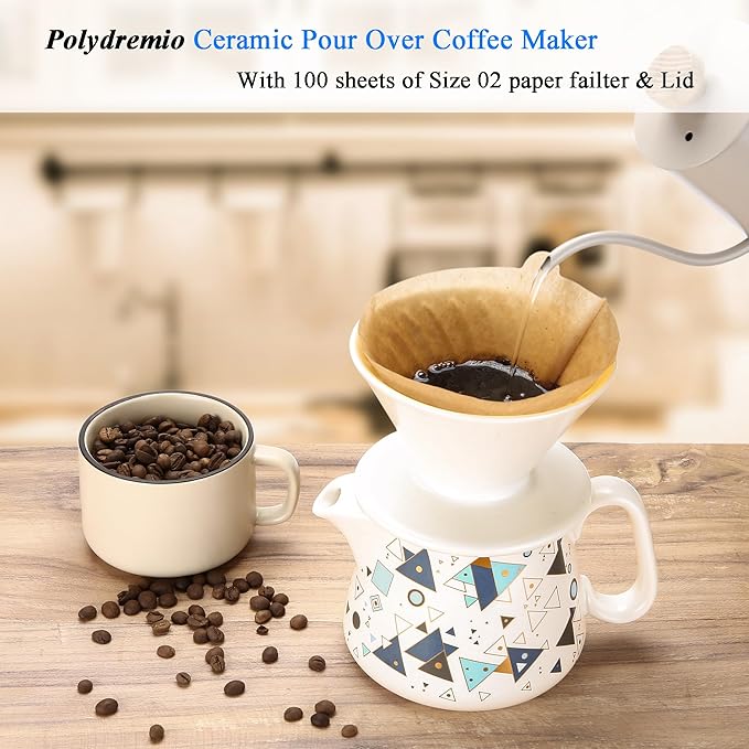 Pour Over Coffee Maker, Ceramic Coffee dripper with 100 pcs V60 Paper Filter, Ceramic coffee Server with Lid, 15.5oz/450 ml, Suitable for 1-2 people (White A)