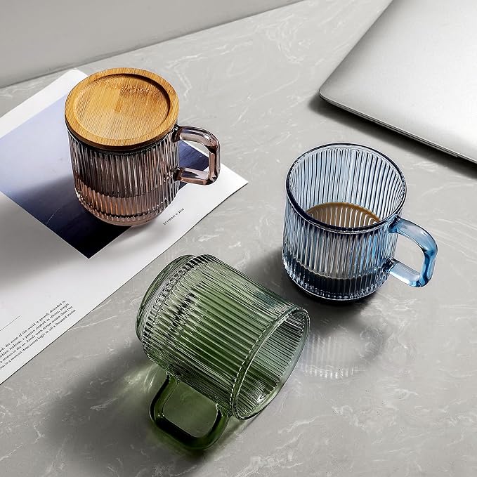 Lysenn Glass Coffee Mug with Lid - Premium Classical Vertical Stripes Glass Tea Cup - for Latte, Tea, Chocolate, Juice, Water - Lead-Free - Bamboo Lid - Lime Green